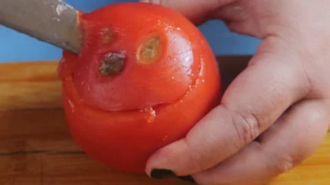 A woman's hand cuts rotten tomatoes with a knife, cutting out the spoiled a.. 库存影片 300028504