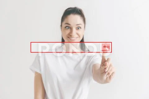 Woman's hand with finger on gray background Stock Photos