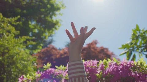 Woman's Hand Forms A Fist, Then Opens Her Fingers, Bird Flies Past In Sky Stock-Footage 129483714