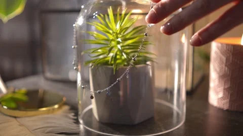 Woman's hand gently touching a silver necklace on a glass cloche Stock Footage 328006582