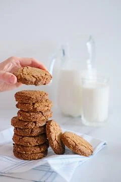 Woman's hand holding a cookie from a stack freshly baked Stock Photos