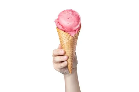 Woman's hand holding waffle cone with strawberry ice cream isolated on white 스톡 사진