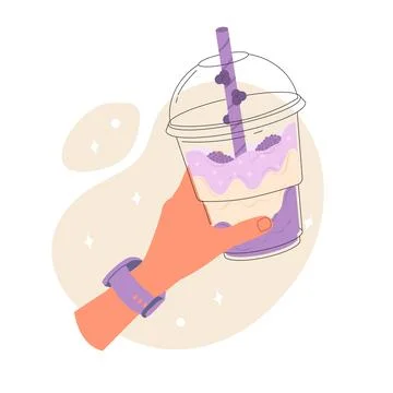 A womans hand holds a milkshake in a plastic glass Stock Illustration