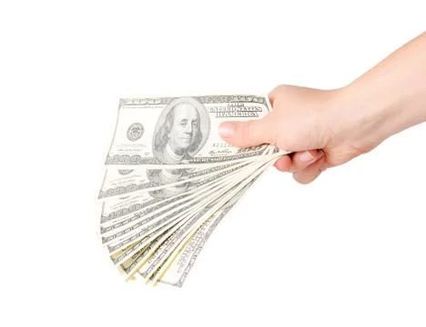 Woman's hand holds Stack of one hundred dollar and ukrainian hryvnia bills Stock Photos