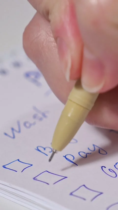 Womans hand marking tasks on a daily planner to do list, handwriting with a blue Stock Footage 342942456