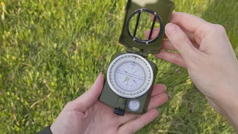 Woman's hand opens and reveals a compass against a background of green grass Stock Footage 334805935