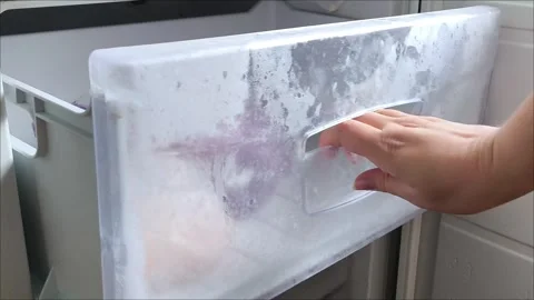 A womans hand opens the freezer door in the refrigerator and pulls out a Stock Footage 313834285