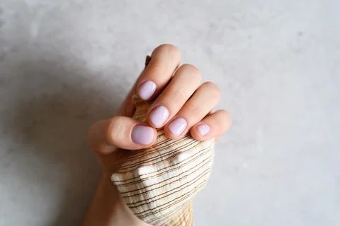 A woman's hand with pale pink painted nails holds a seashell on a gray concre Stock Photos