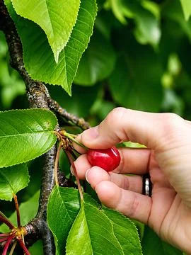 A woman's hand picking a cherry Foto stock