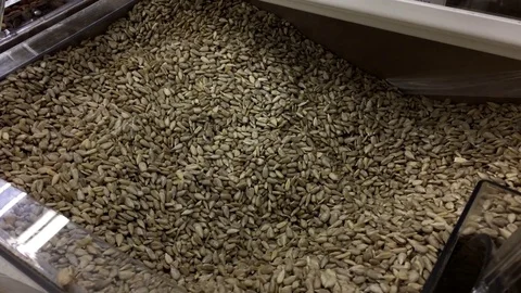 Woman's hand picking raw hulled sunflower seeds at bulk foods section Stock Footage 70654808