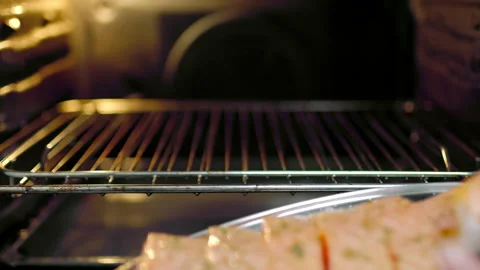 A woman's hand is placing raw fillets of salmon on the grill in the oven. Stock Footage 132815153