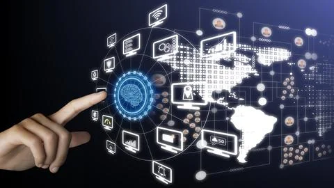 A woman's hand is pointing to a technology icon Stock Photos