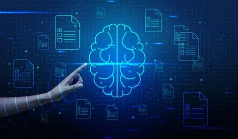 A woman's hand points to the brain icon, artificial intelligence training b.. Stock Photos