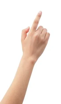 A woman's hand points to a white background Stock Photos