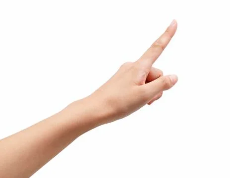 A woman's hand points to a white background Stock Photos