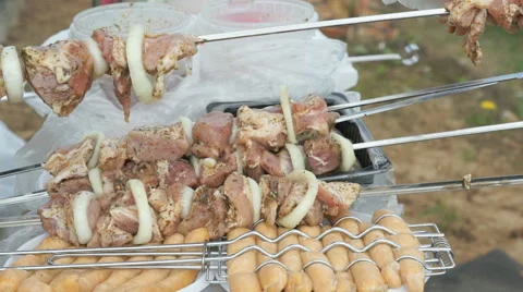 Woman's hand prepares raw meat for cooking kebabs Stock Footage 66316538