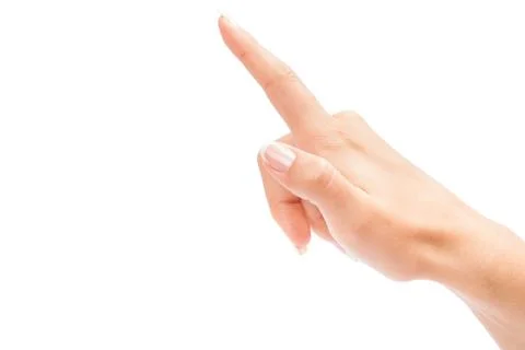 Woman's hand press button on white background 스톡 사진