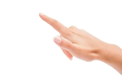 Woman's hand press button on white background 스톡 사진