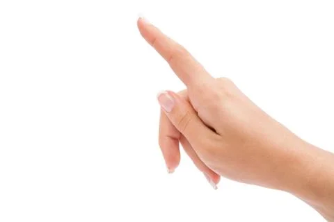 Woman's hand press button on white background 스톡 사진
