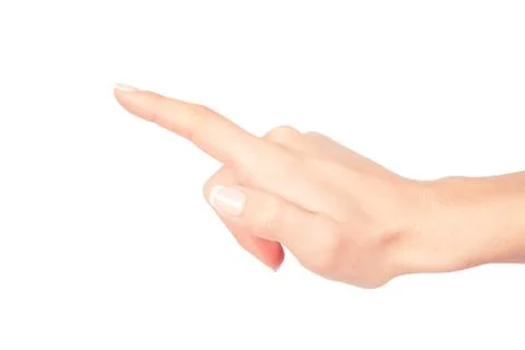 Woman's hand press button on white background Foto stock