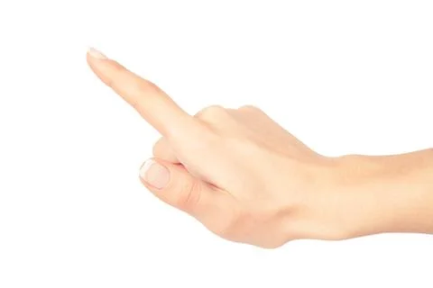 Woman's hand press button on white background 스톡 사진