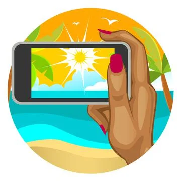 Woman's hand with the smart phone in the background of the beach. Stock Illustration
