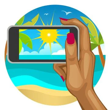 Woman's hand with the smart phone in the background of the beach. Stock Illustration