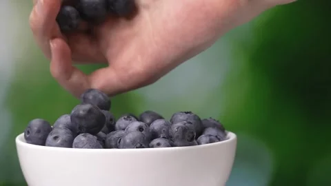 Woman's hand takes and puts berry of ripe selected blueberries from plate Vidéo 248899573