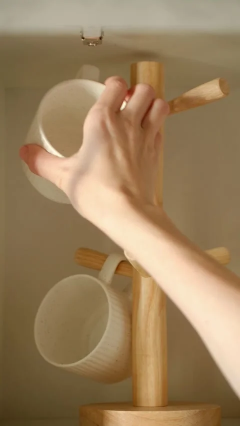 Womans hand taking ceramic mug from wooden holder Stock Footage 322165376