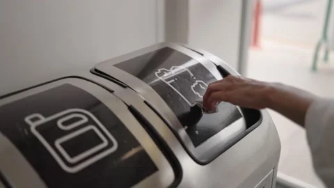 Woman's hand throwing paper in the container for recycling. Gobal pollution Stock Footage 194857111