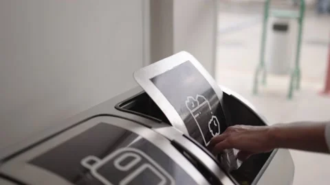 Woman's hand throwing paper in the container for recycling. Gobal pollution Stock Footage 195038496