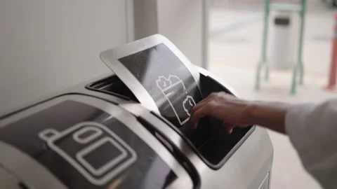 Woman's hand throwing paper in the container for recycling. Gobal pollution Stock Footage 195038525