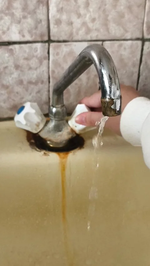 A womans hand turns on an old rusty kitchen faucet. Concept of water inclusion Stock Footage 325287036