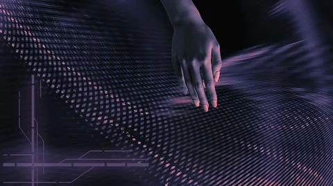 A woman's hand under neon lighting. Futuristic background Stock Illustration