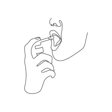 Womans hand using mouth spray. One line art. 库存插图
