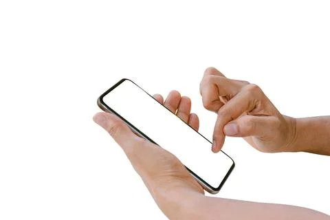 Woman's hand is using a smart phone to search for information online isolat.. Stock Photos
