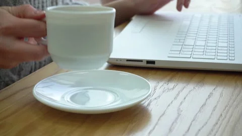 Woman's hand working on laptop in the cafe Stock Footage 171103470