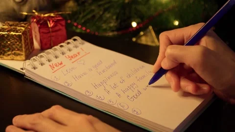 A woman's hand writes a list of New Year's wishes near the New Year tree. Stock Footage 255837975