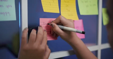 A woman's hand writes a message on a note stuck on a window glass. 스톡 동영상 313868699