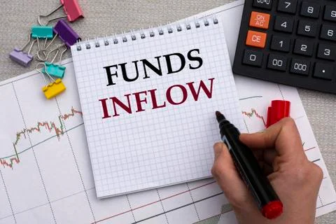 A woman's hand writes in a notebook the words FUNDS INFLOW on the background Stock Photos