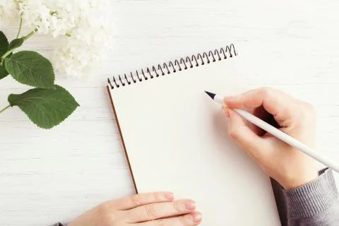 Woman's hand writing in notebook. Stock Photos