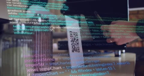 Woman's hands aligning phone over QR sign on cafe counter, overlay scrolling, Stock Footage 321347055