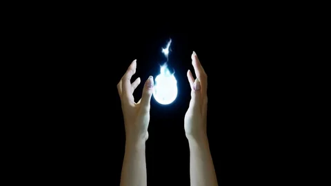 Woman's hands with blue fire sphere in the middle of the screen, 4k footage with Video stock 115638881
