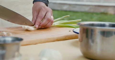 Woman's hands chopping spring onions on a cutting board Video stock 119845272