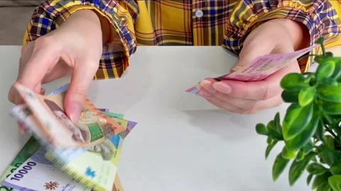 A woman's hands count Indonesian rupiah cash for financial accounting. Stock Footage 337759996