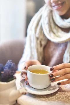 Womans hands with cup of tea Stock Photos