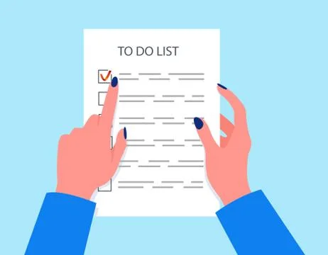 Woman's hands holding a to-do list. Task completed. Stock Illustration