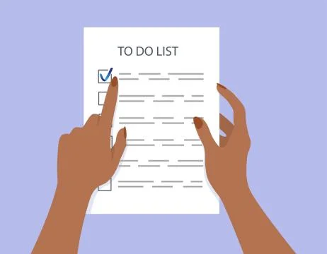 Woman's hands holding a to-do list. Task completed. Stock Illustration