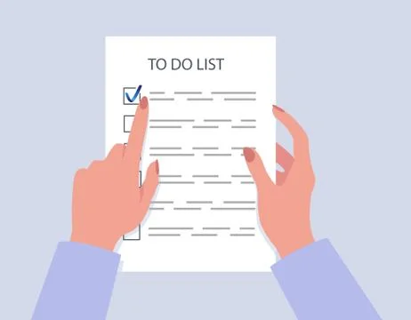 Woman's hands holding a to-do list. Task completed. Stock Illustration