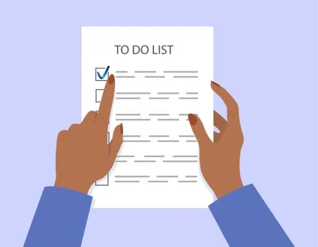 Woman's hands holding a to-do list. Task completed. Stock Illustration